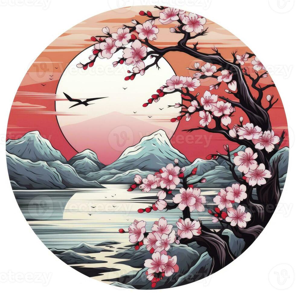AI generated Cherry blossoms in the sunset background. Japanese tattoo style. AI Generated photo