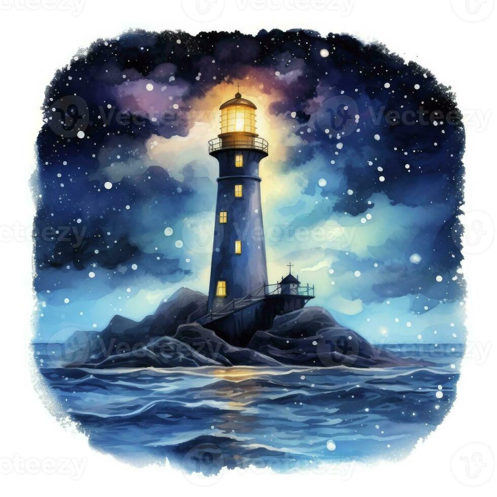 AI generated Lighthouse beside the sea at Night. watercolor for T-shirt design. AI Generated photo