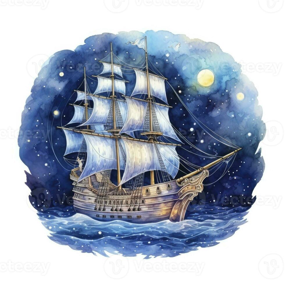 AI generated Night sea ship watercolor style for T-shirt design. AI Generated photo