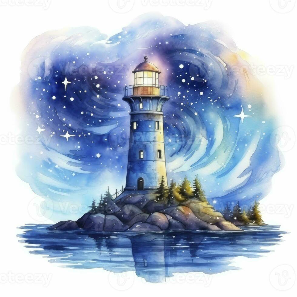 AI generated Lighthouse beside the sea at Night. watercolor for T-shirt design. AI Generated photo