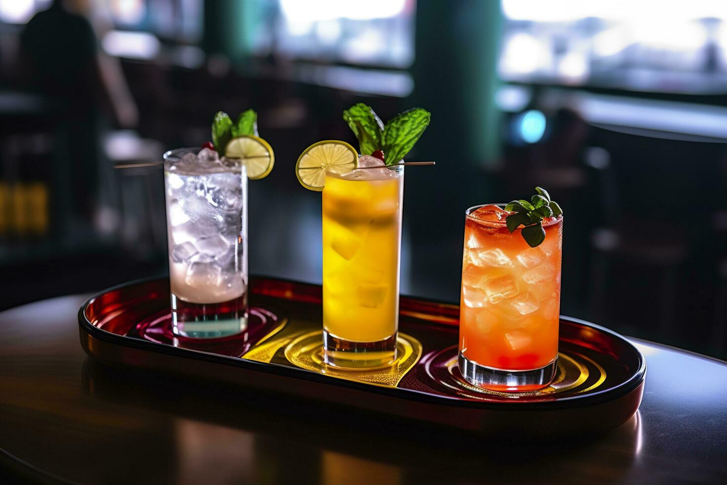AI generated Glasses alcohol cocktail set on a waiter tray in bar. AI Generated photo