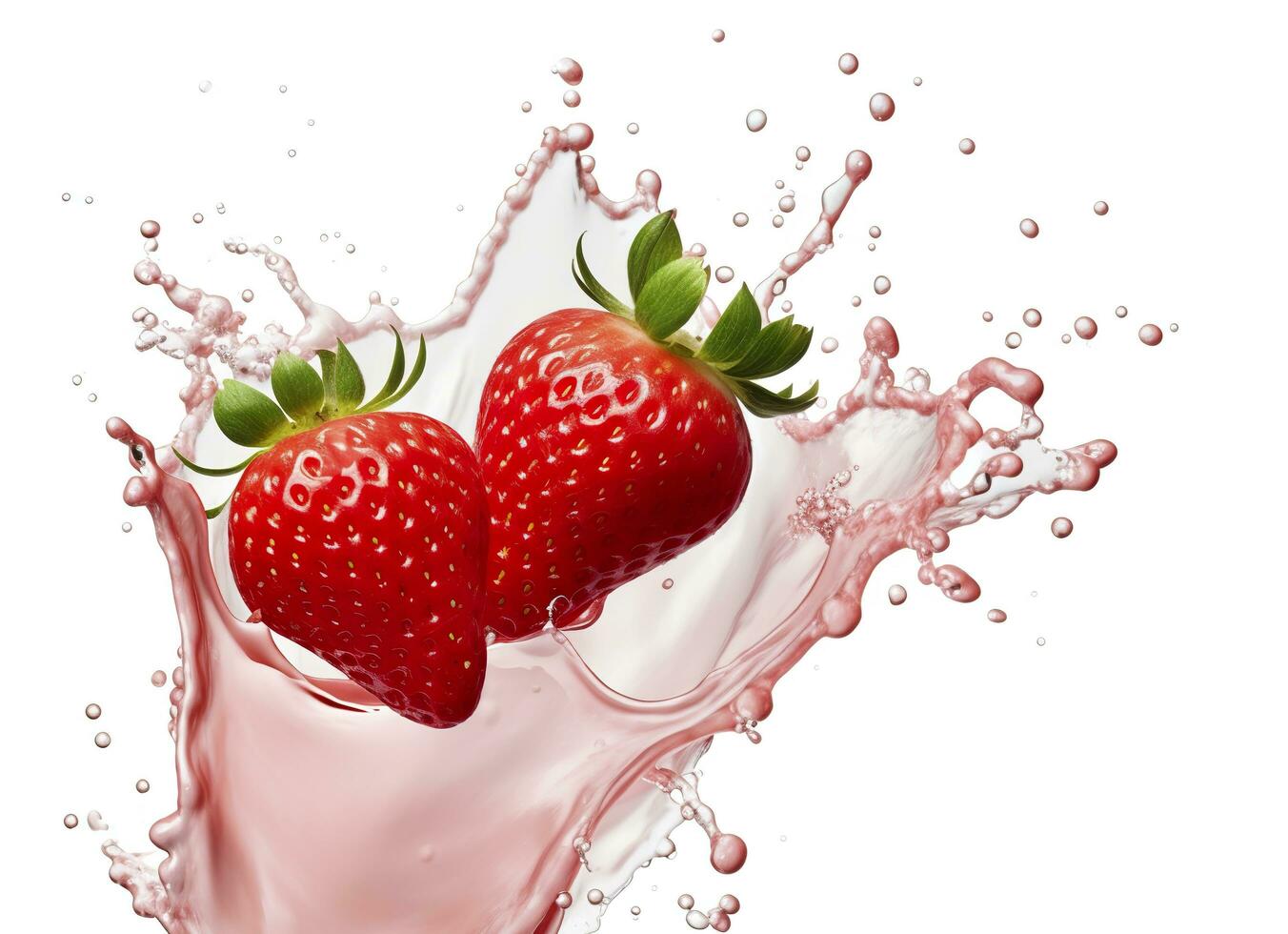 ai generado Leche o yogur chapoteo con fresas aislado en blanco fondo, 3d representación. ai generado foto