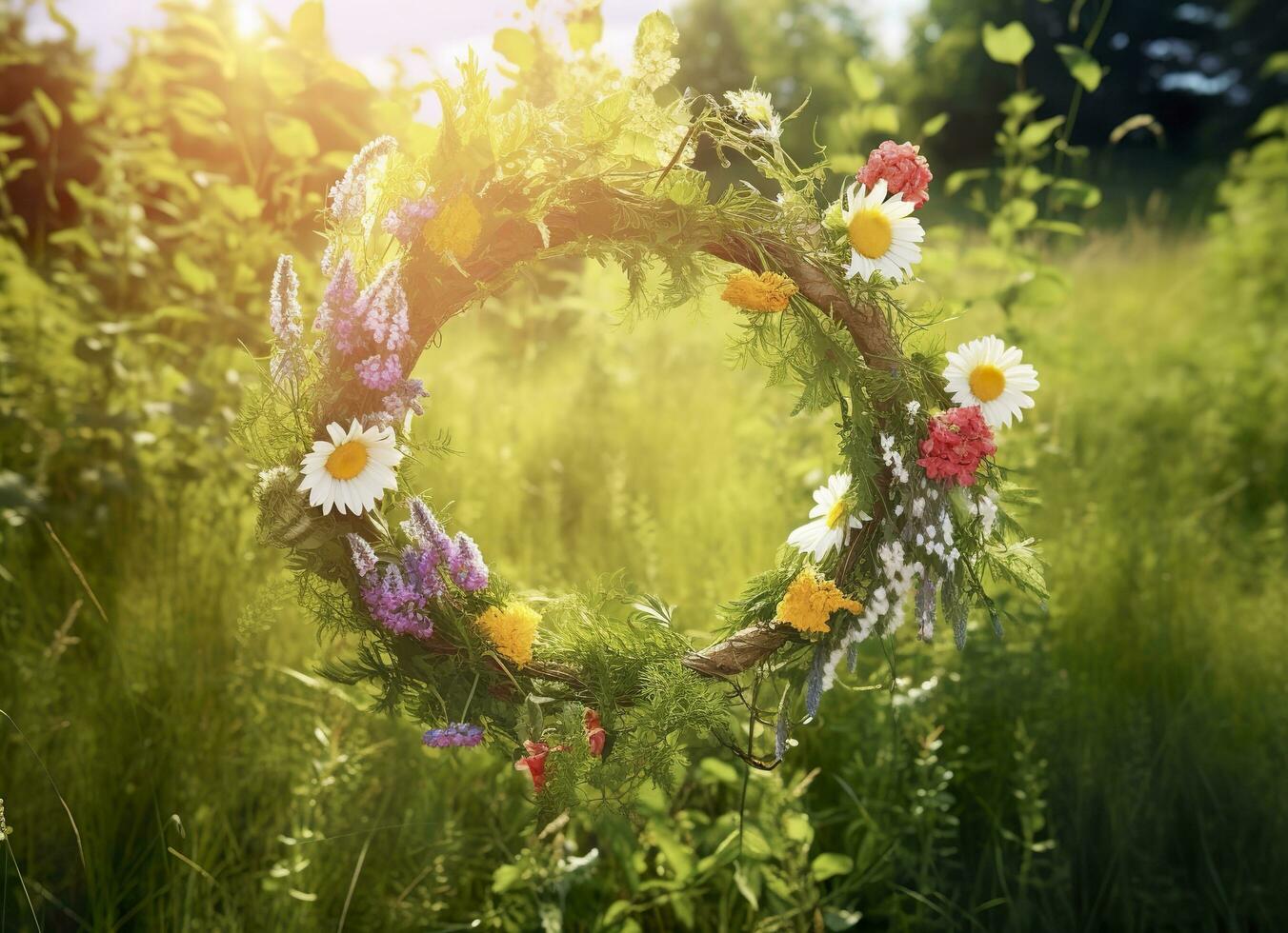 AI generated Rustic wildflowers wreath on a sunny meadow. Summer Solstice Day, Midsummer concept. Generative AI photo