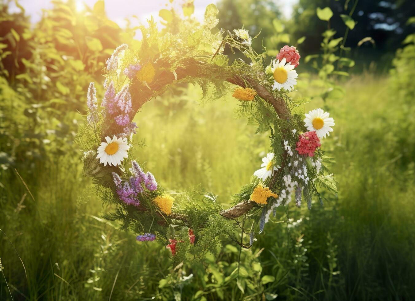 AI generated Rustic wildflowers wreath on a sunny meadow. Summer Solstice Day, Midsummer concept. Generative AI photo