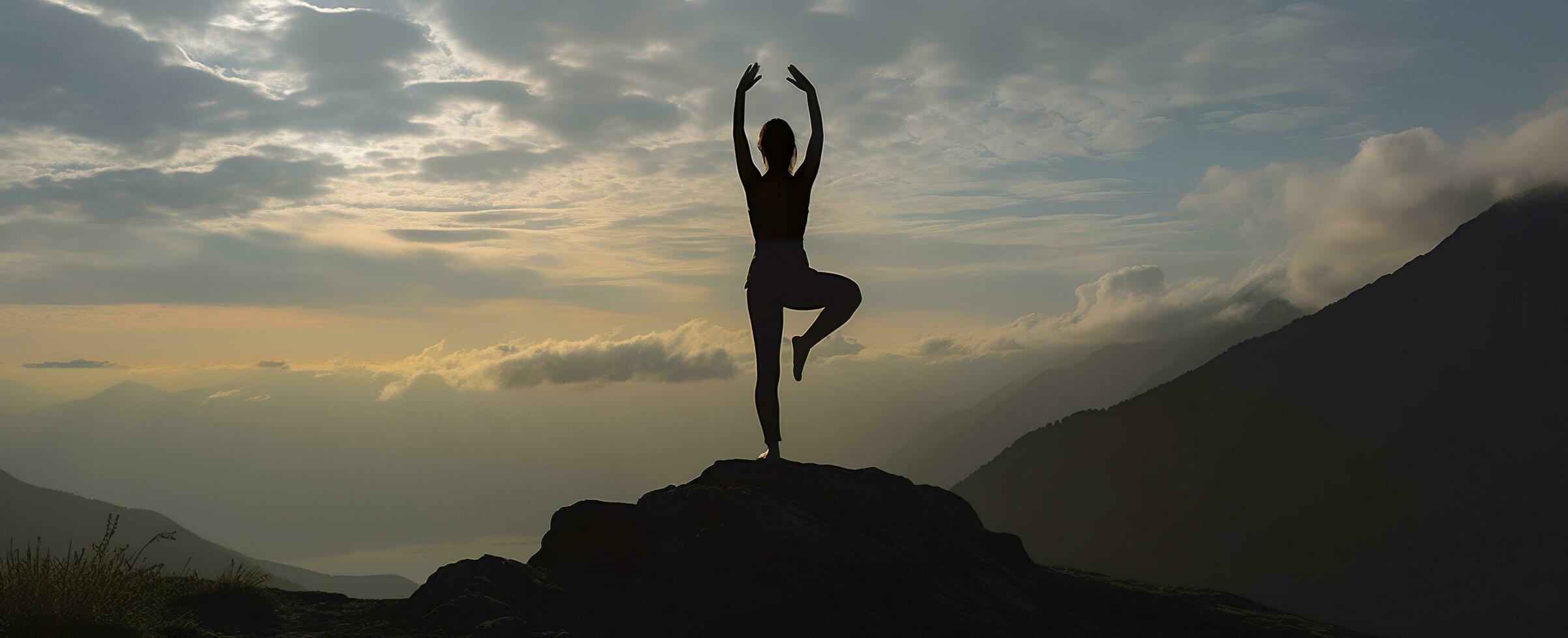 AI generated silhouette of a woman practicing yoga in the summit with mountain Background. AI Generated photo