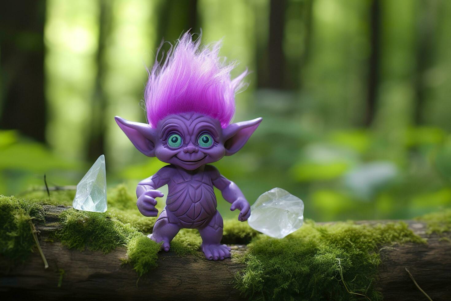 AI generated Tale troll with crystals in the forest, natural green background. Generative AI photo