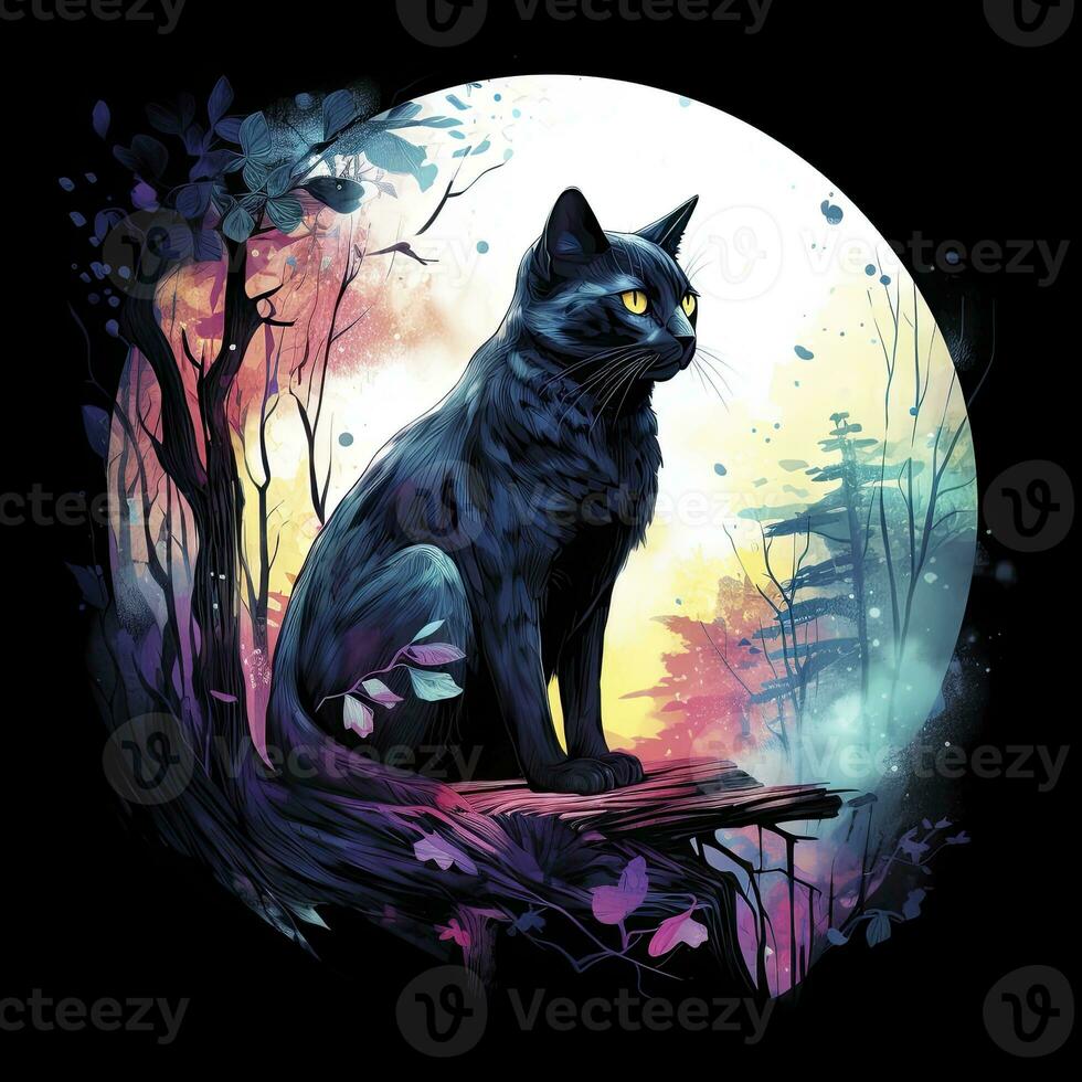 AI generated Black Cat in Moonlit Forest. Watercolor for T-shirt design. AI Generated photo