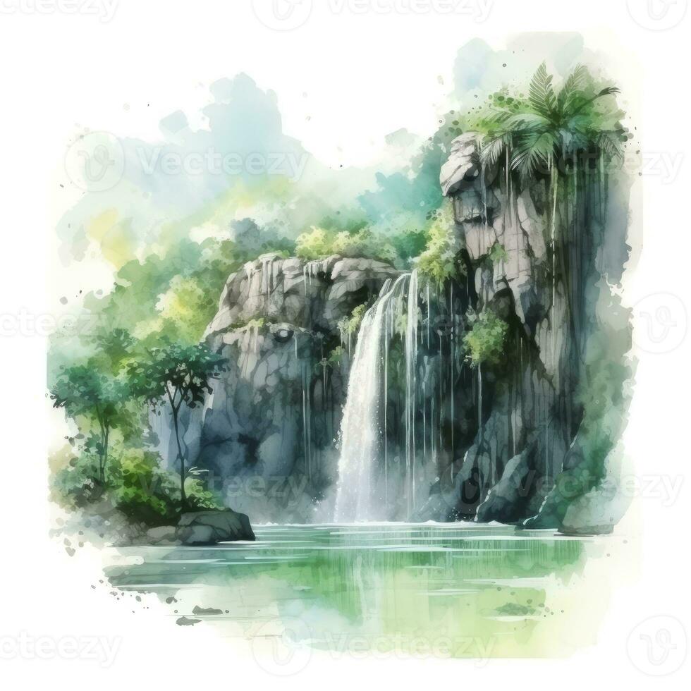 AI generated Green tropical waterfall in the forest. AI Generated photo