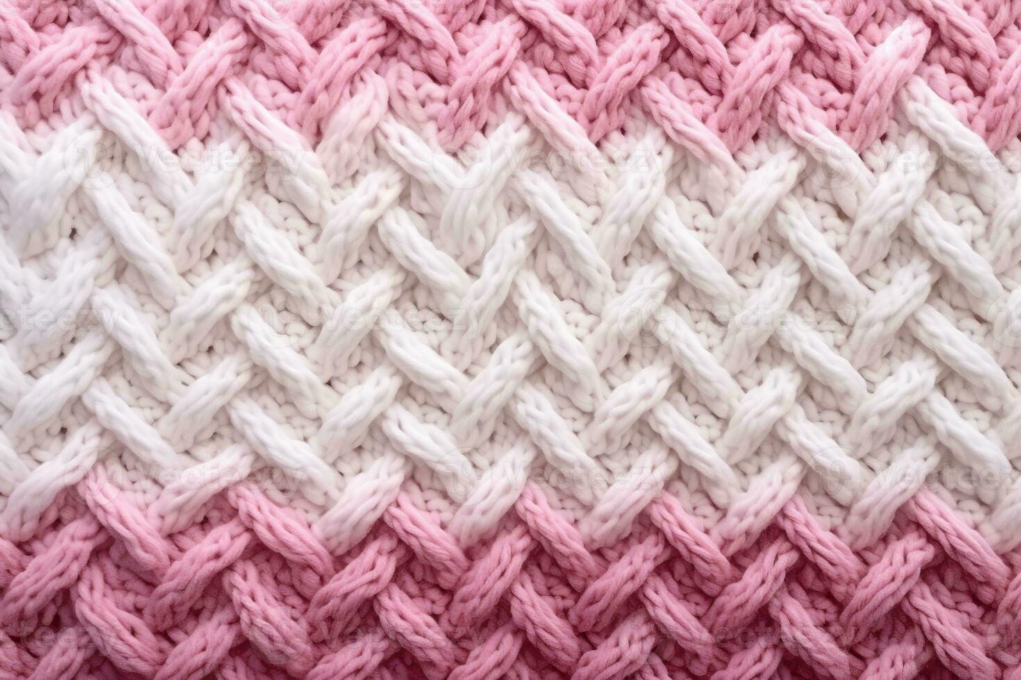 AI generated Macro photography of the texture of a knitted pattern in close-up, white and pink colors photo