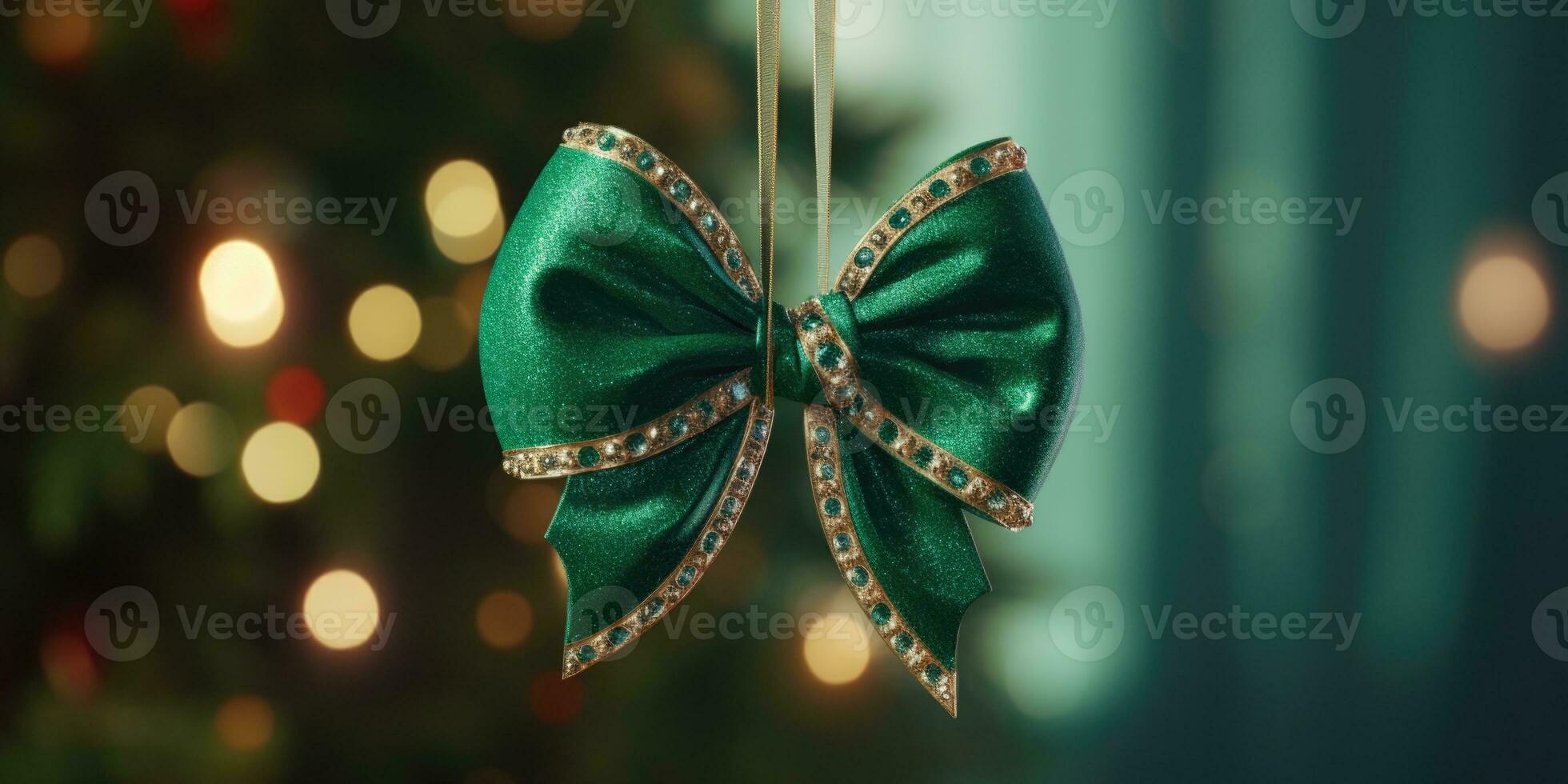 AI generated An emerald-colored bow hanging on a branch of a Christmas tree indoors photo