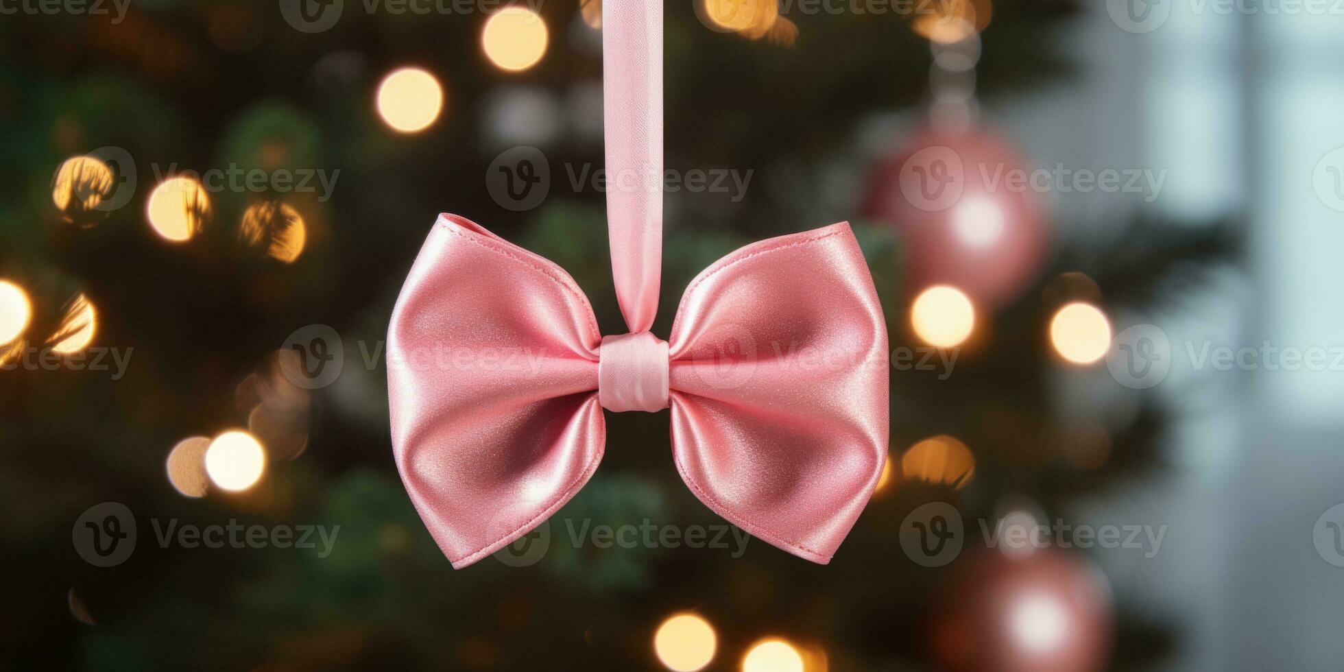 AI generated Pink fabric bow hanging on the Christmas tree photo