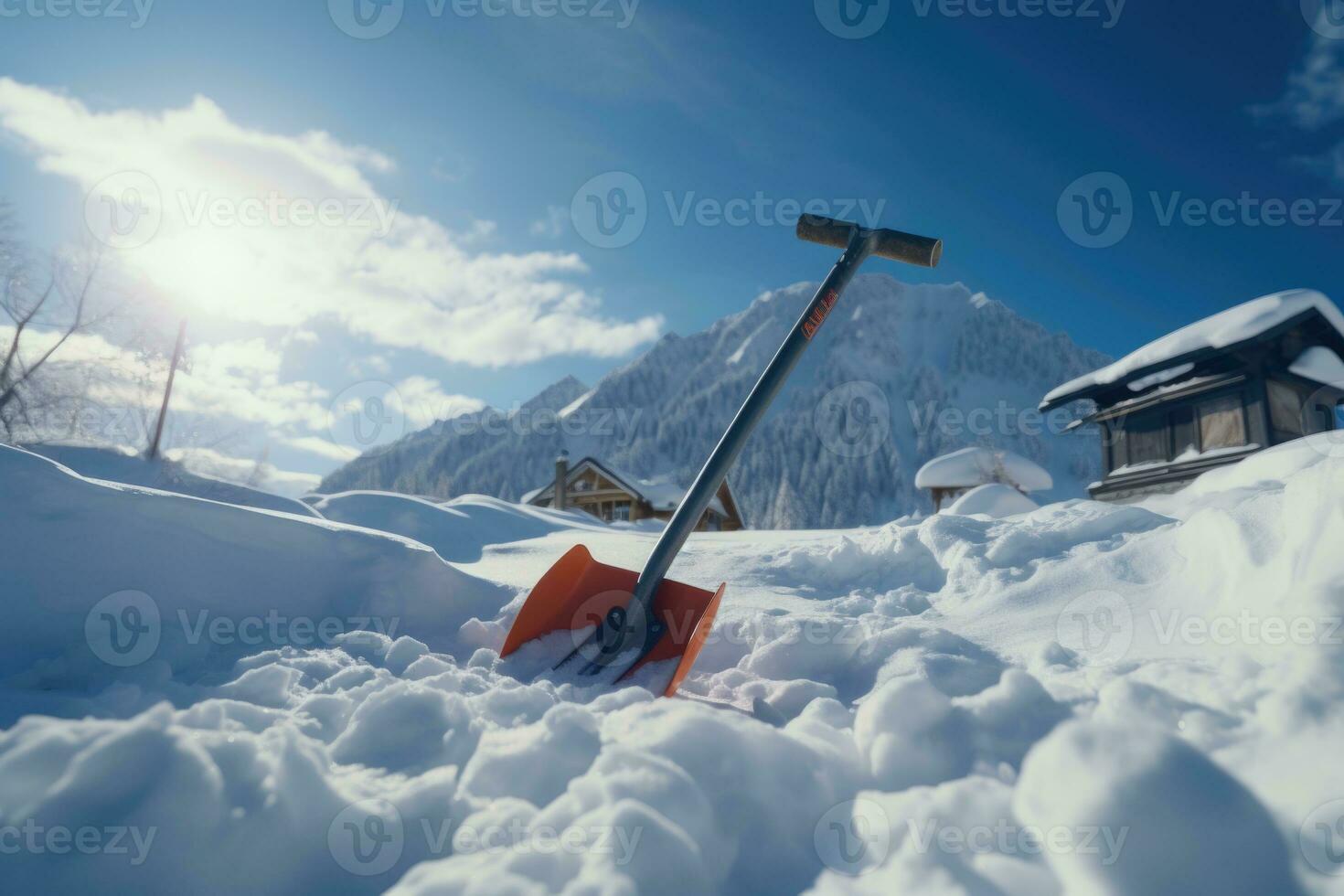 AI generated Shovel for snow removal in the mountain of snow photo