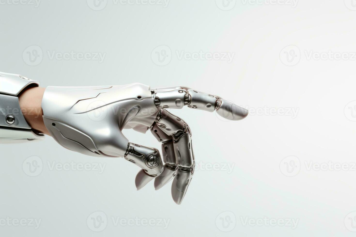 ai generado cyborg robótico brazo, metal biónico prótesis, aislado en un blanco antecedentes foto