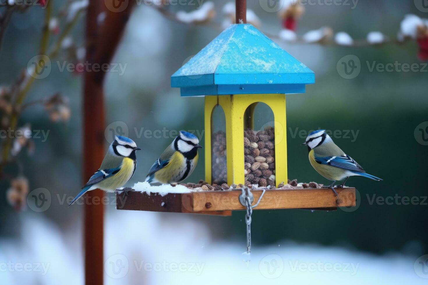 AI generated Blue tit and sparrows at a bird feeder with peanuts photo