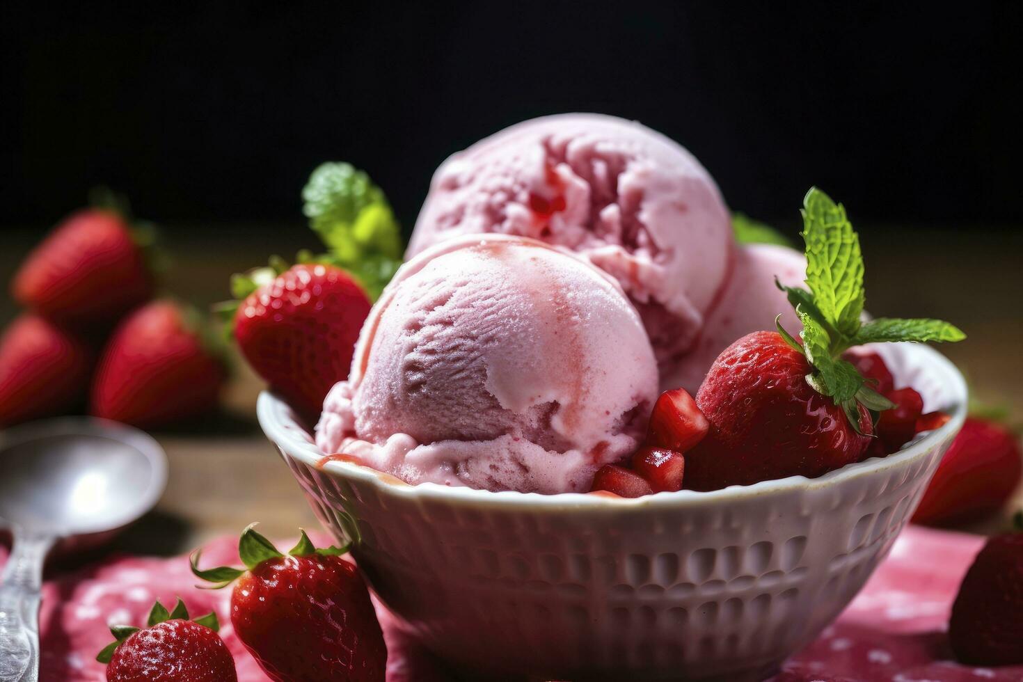 AI generated Strawberry Ice Cream with Fresh Strawberries. AI Generated photo