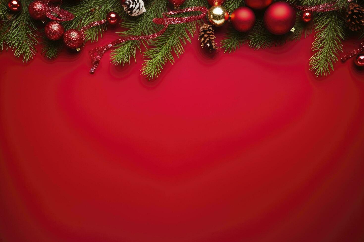 AI generated Christmas or New Year red background with fir decor. AI Generated photo