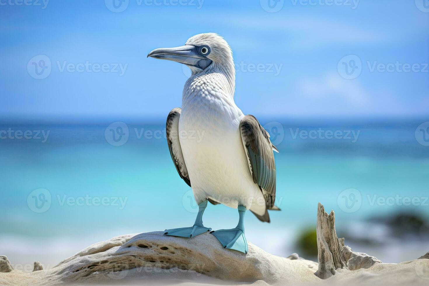 AI generated The rare blue-footed booby rests on the beach. AI Generated photo