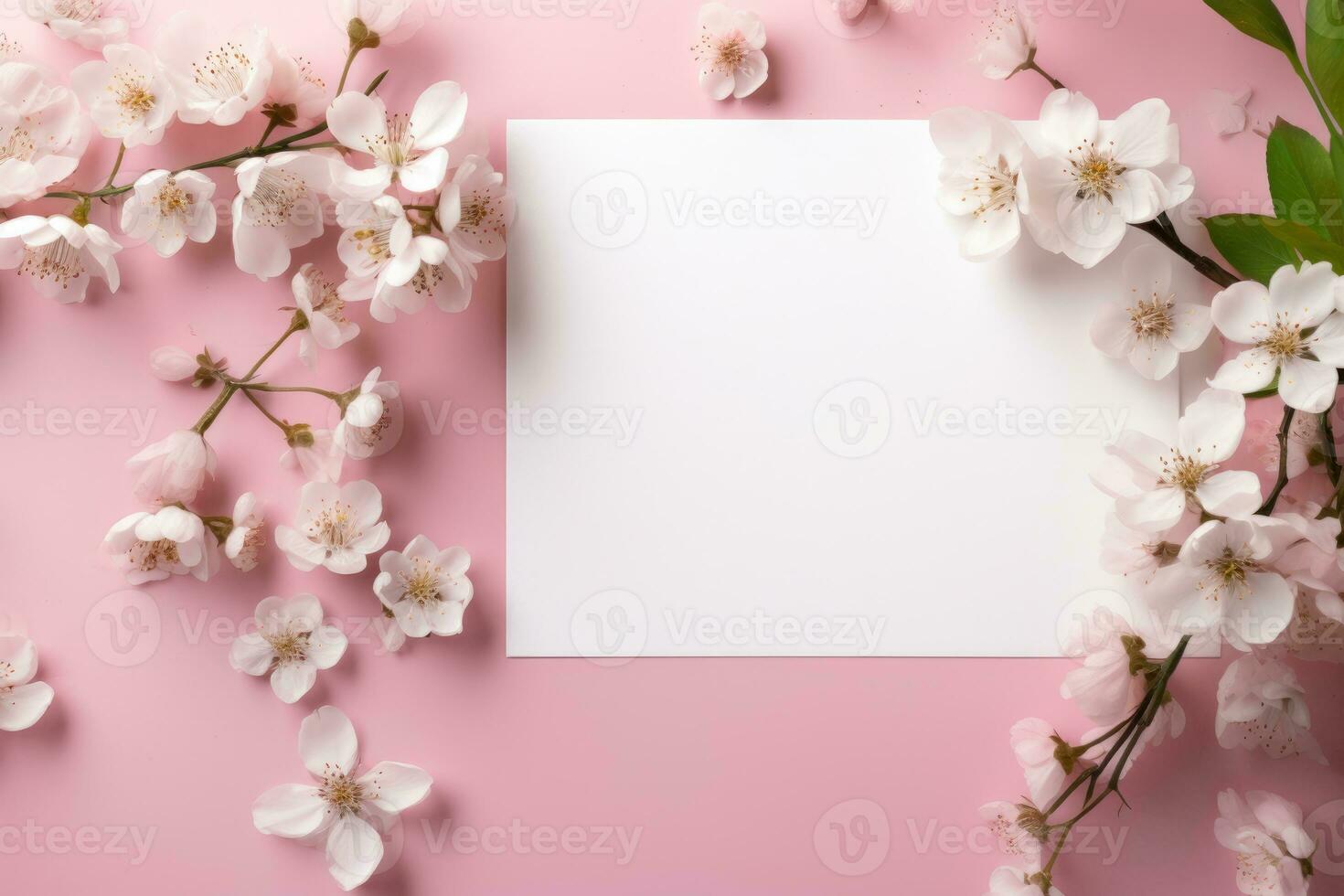 AI generated A white blank sheet of paper on pink background with spring white flowers photo