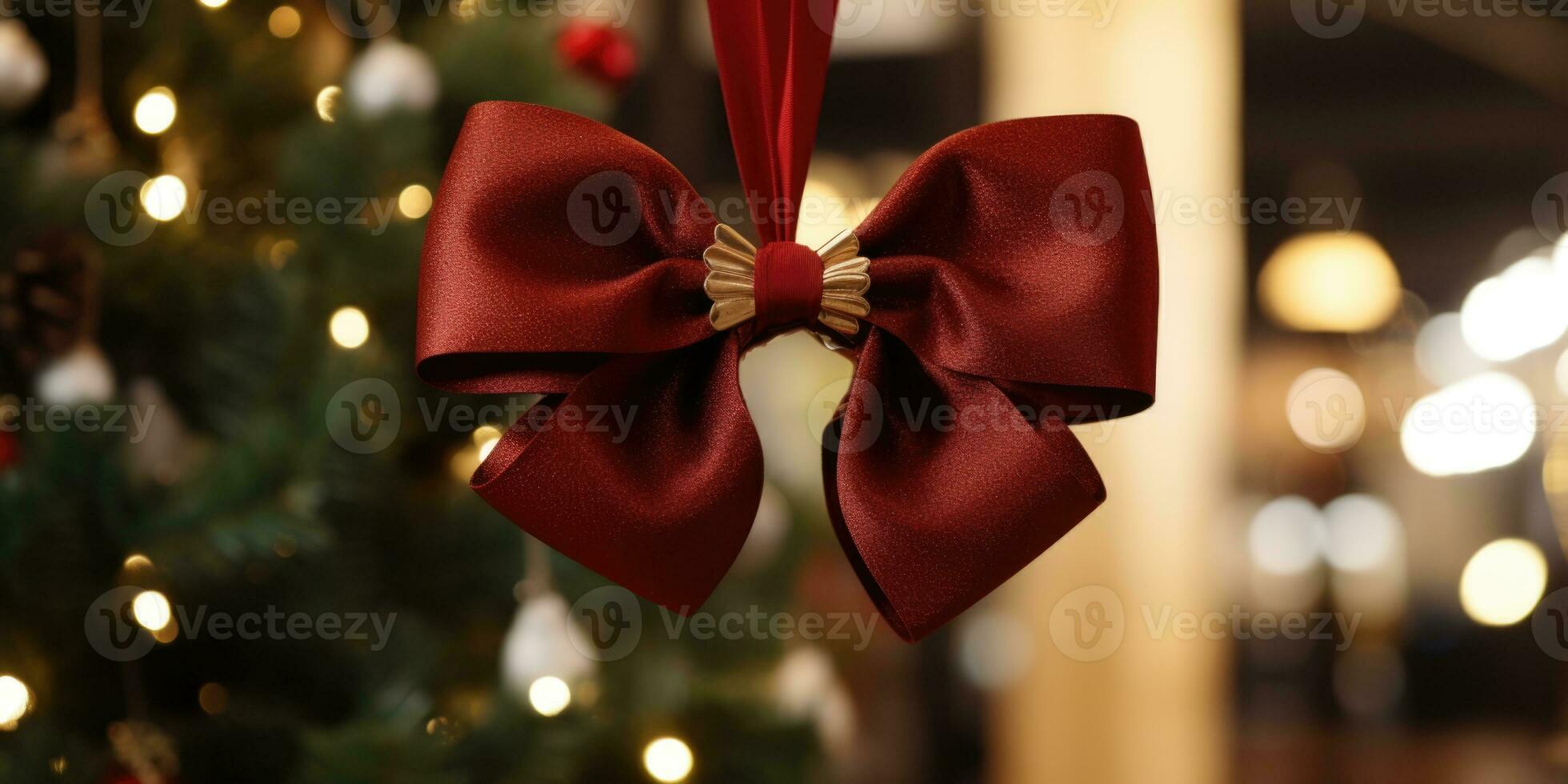 AI generated A burgundy bow hanging on a branch of a Christmas tree indoors against photo