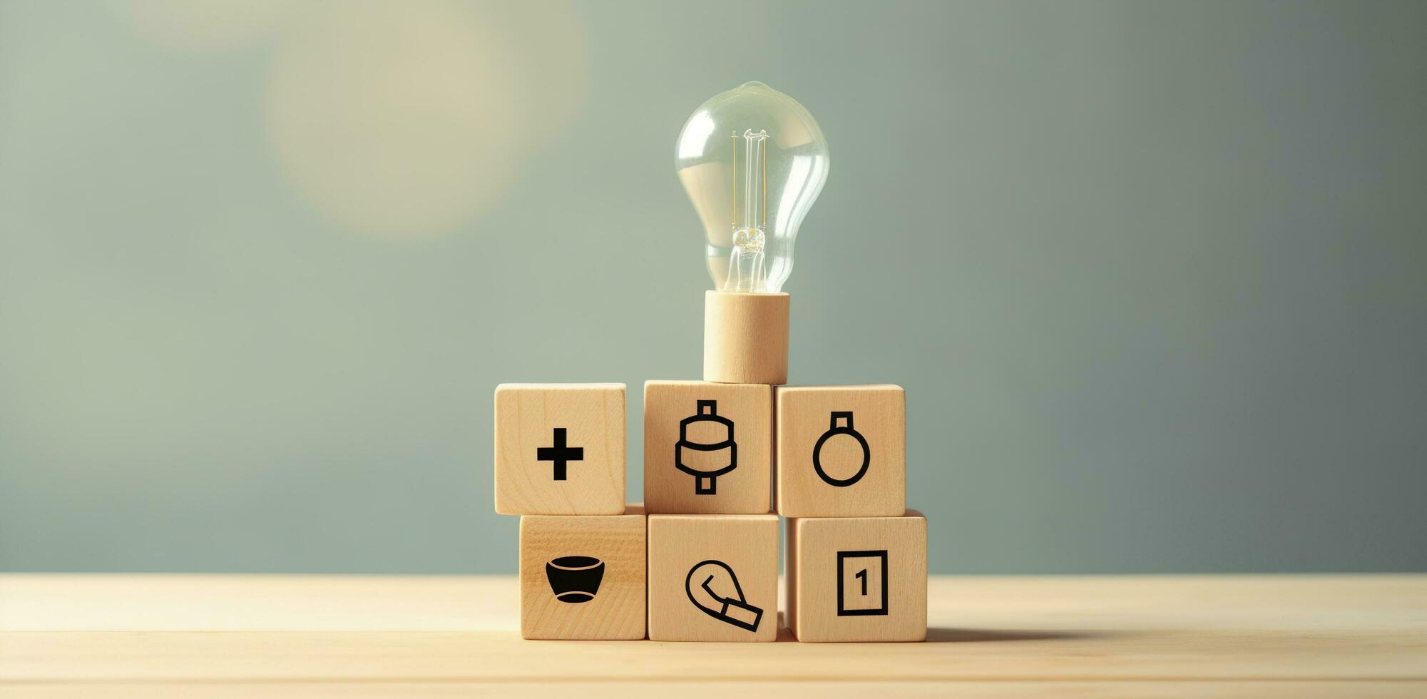 AI generated Creative idea, solution and innovation concept. Idea generation for business development. Wooden cube blocks with light bulb and cycle icons on clean background and copy space. photo