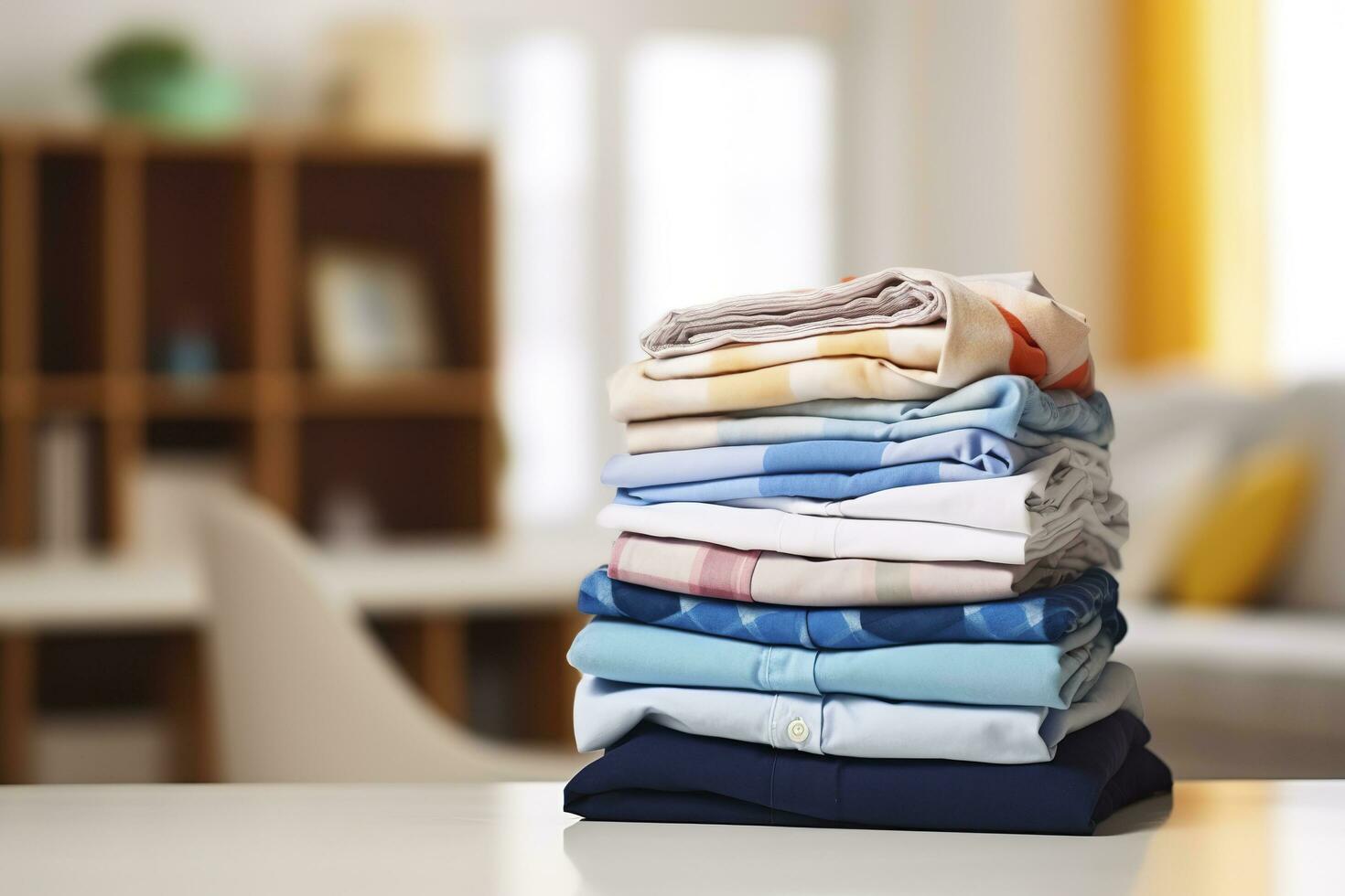 AI generated Stack of clean clothes on table in room. Generative AI photo