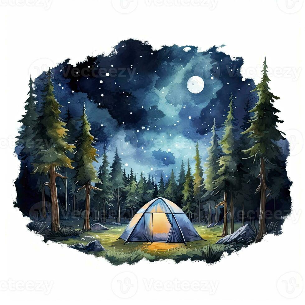 AI generated A Camping Tent in the forest with Night sky, watercolor for T-shirt Design. AI Generated photo