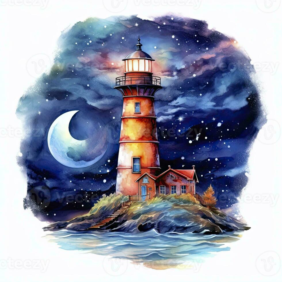 AI generated Lighthouse beside the sea at Night. watercolor for T-shirt design. AI Generated photo