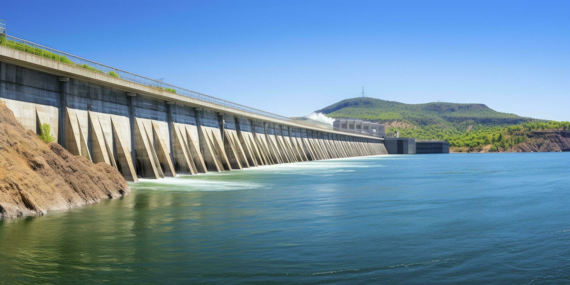 ai generado hidroeléctrico represa generando verde energía desde fluido agua. ai generado. foto