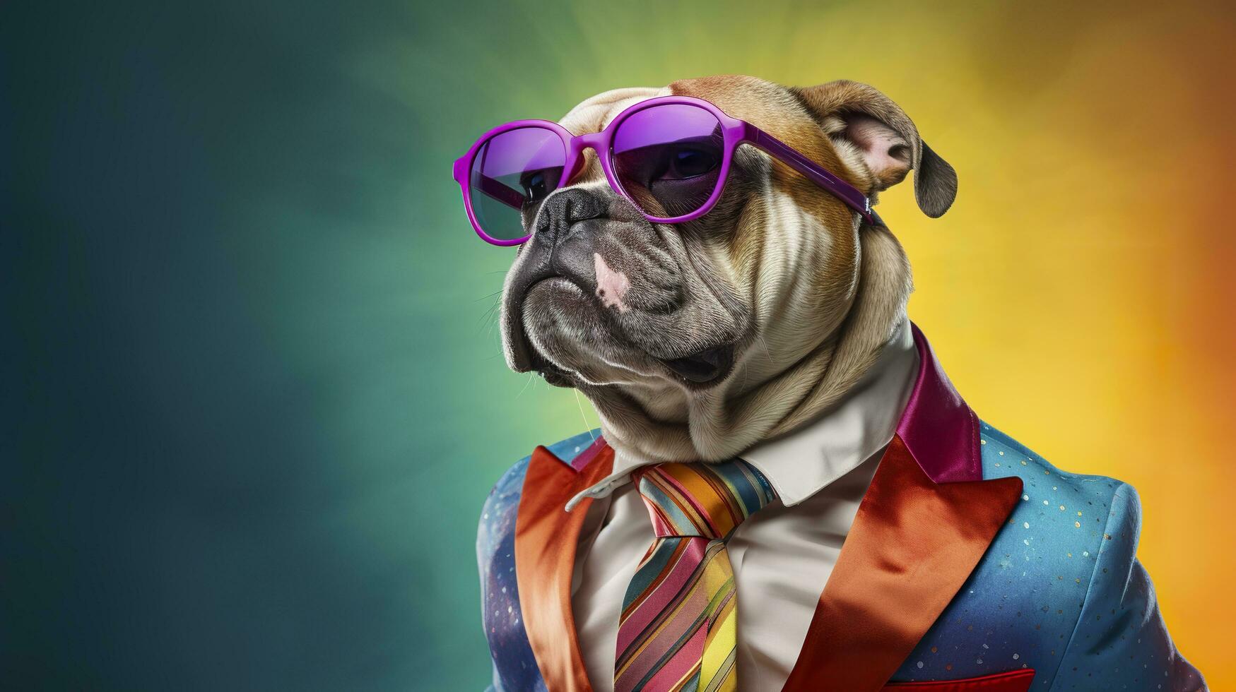 AI generated Cool looking bulldog wearing funky fashion dress. space for text right side. AI Generated photo