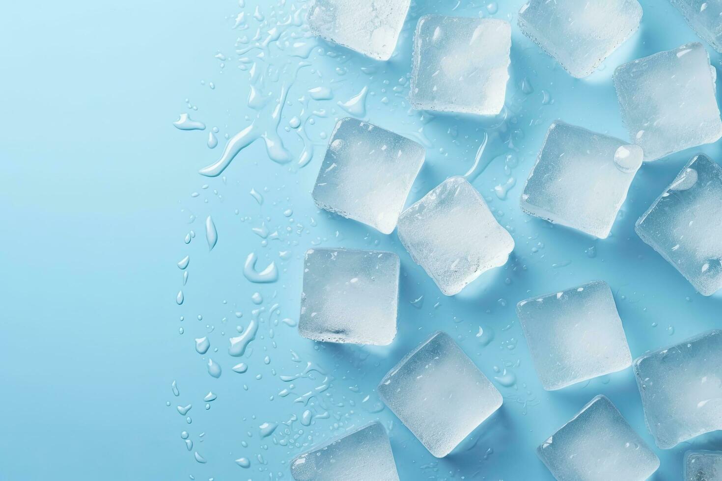 AI generated Cubes of ice and drops are isolated on the blue background with empty space. AI Generated photo