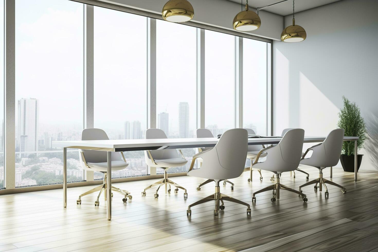 AI generated Perspective view on stylish white meeting table with golden legs and wheelchairs around on the wooden floor and white wall background. Generative AI photo