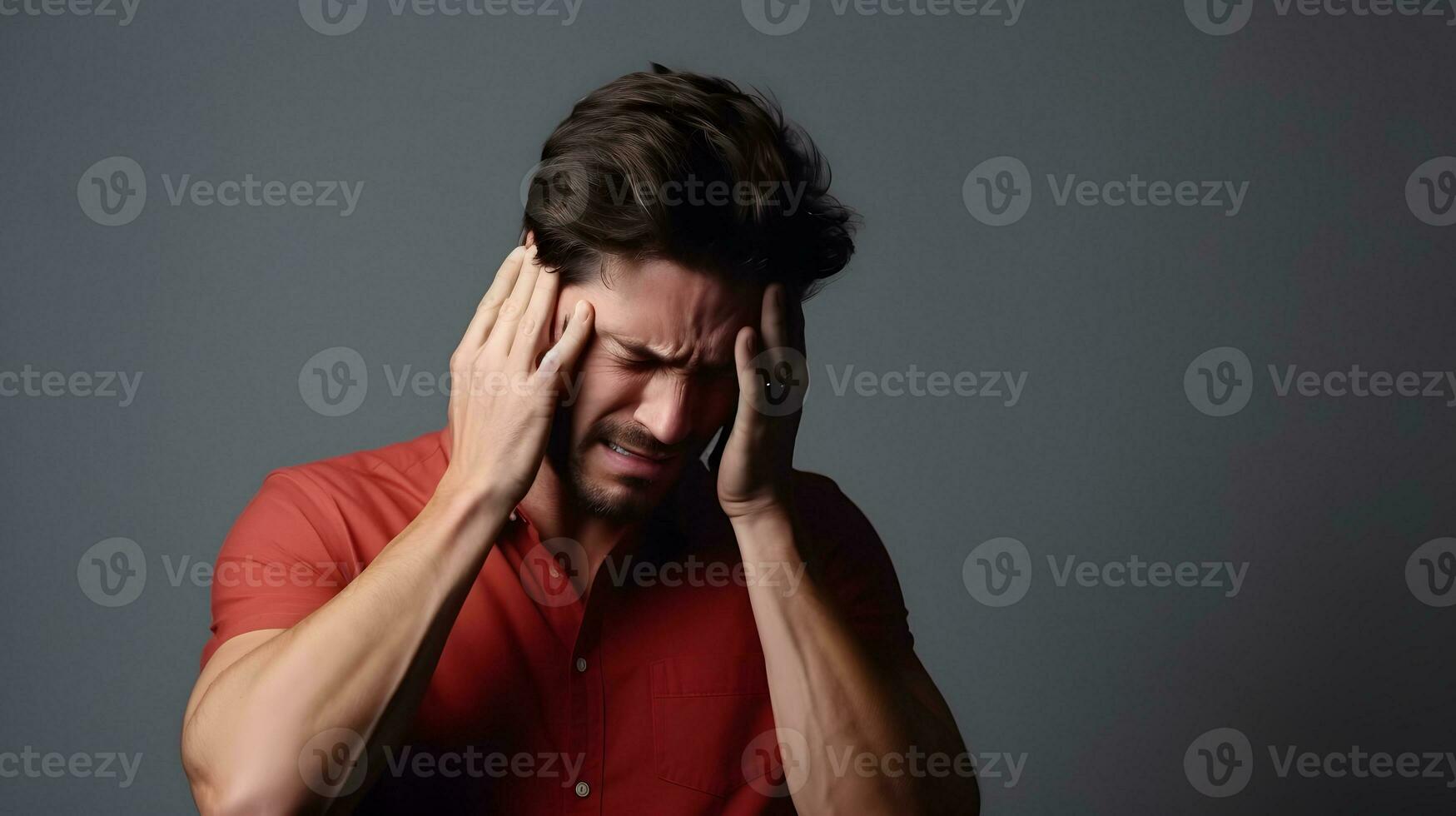 AI generated Handsome young man suffering dizziness, vertigo, headache, fainting attack or stress photo
