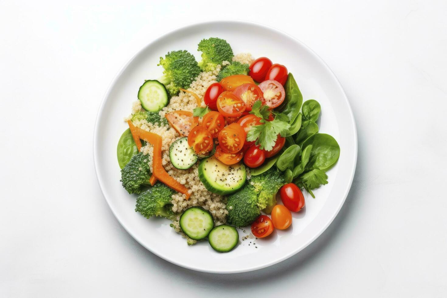 ai generado ensalada con quinua, espinaca, brócoli, Tomates, pepinos y zanahorias. ai generado foto