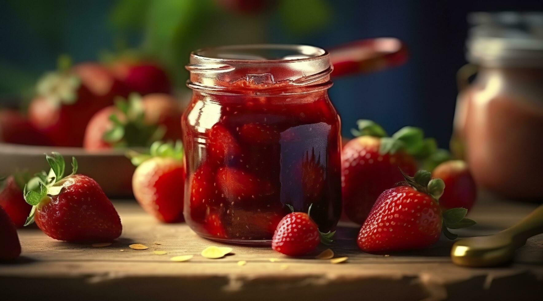 AI generated Strawberry jam and fresh berries. Generative AI photo