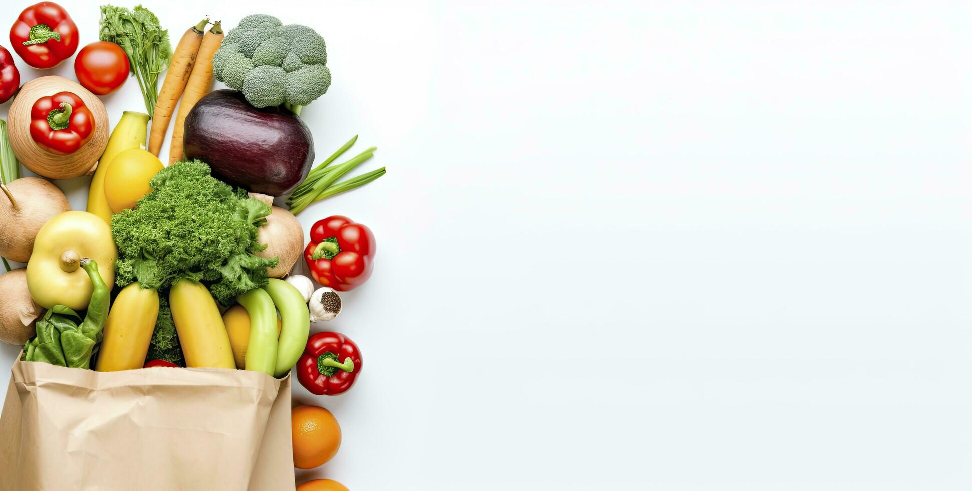 AI generated Healthy food in paper bag vegetables and fruits on white background. AI Generated photo