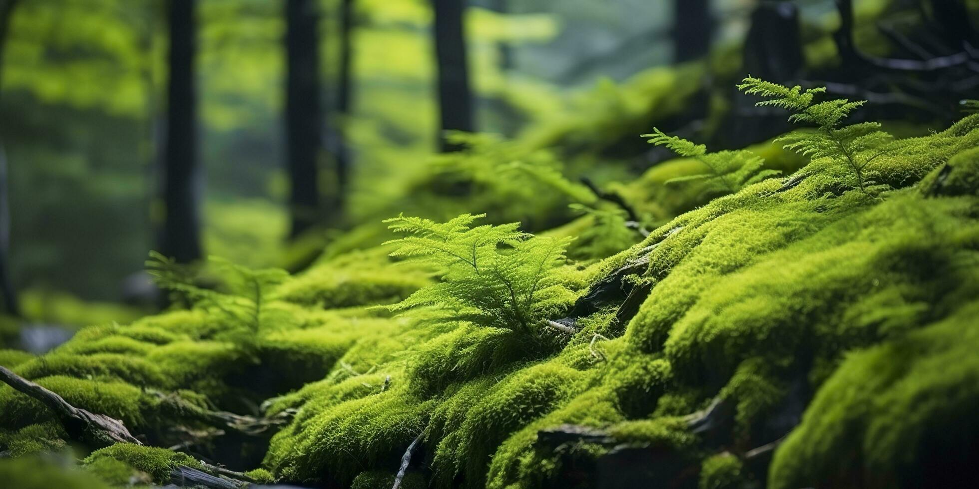 AI generated Green moss closeup, with a backdrop of woodland.  Forest in the national park. AI Generated photo