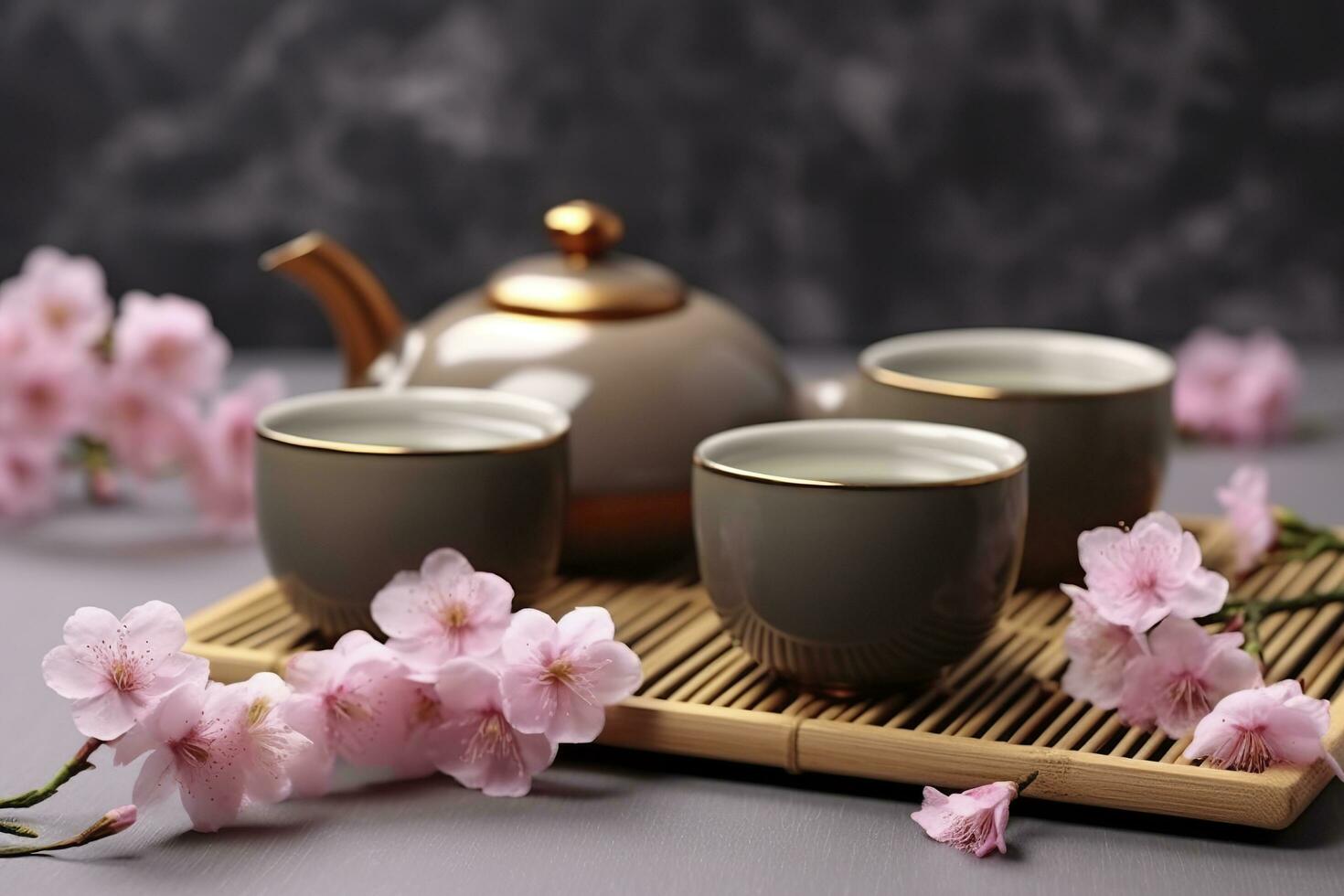 AI generated Traditional ceremony. Cups of brewed tea, teapot and sakura flowers on grey table. Generative AI photo