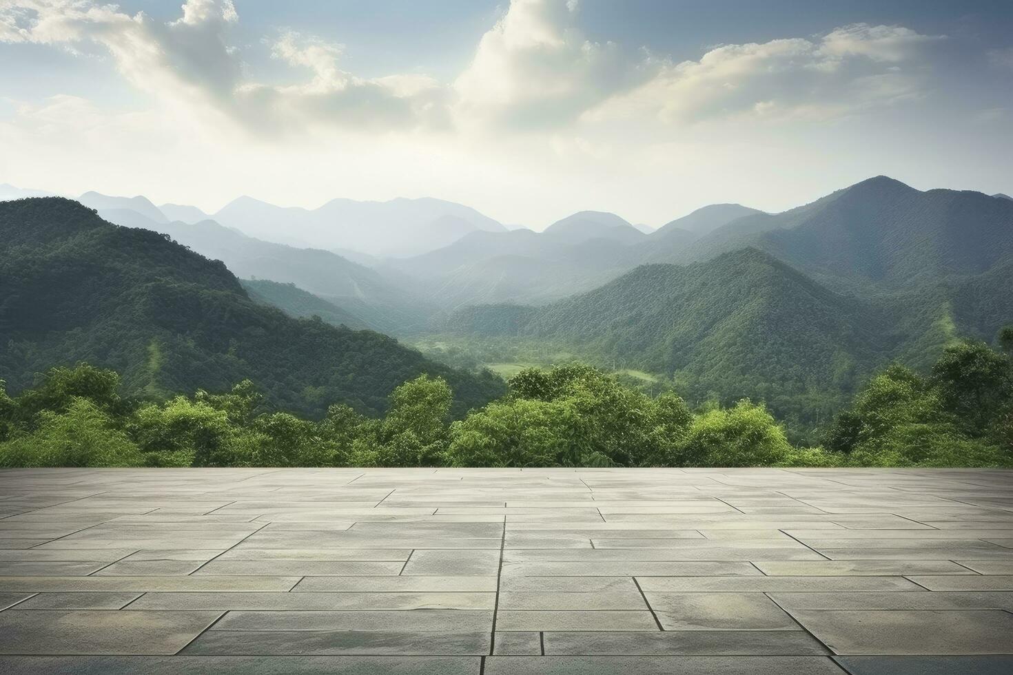 AI generated Square floor and green mountain nature landscape. AI Generated. photo