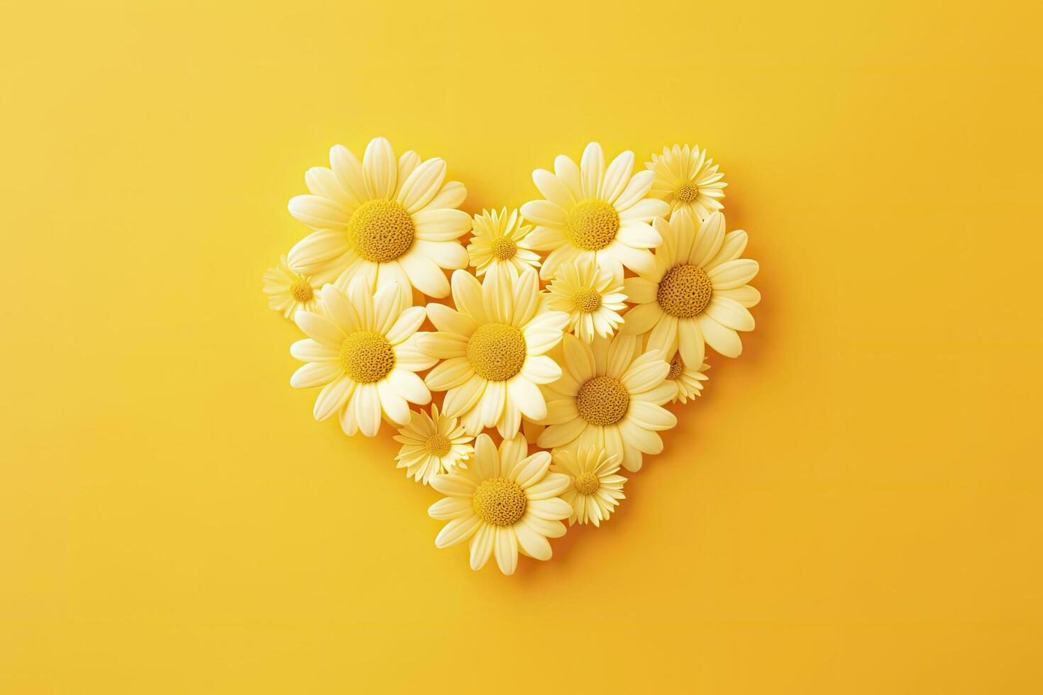 AI generated Yellow Heart Shaped By Yellow Daisies Over Yellow Background. AI Generated photo