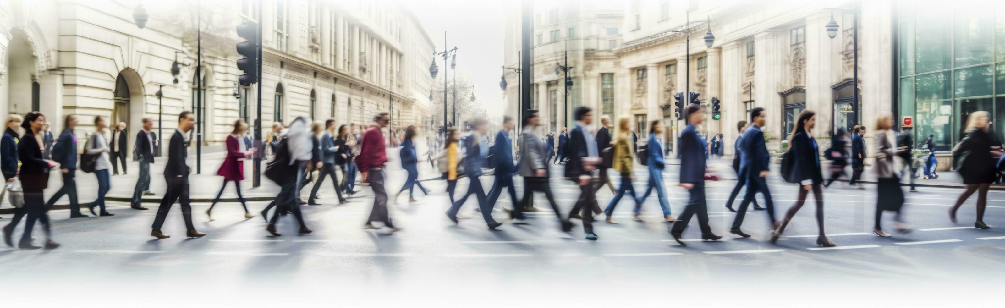 AI generated Walking people blur. Lots of people walk in the City of London. Wide panoramic view of people crossing the road. AI Generated photo