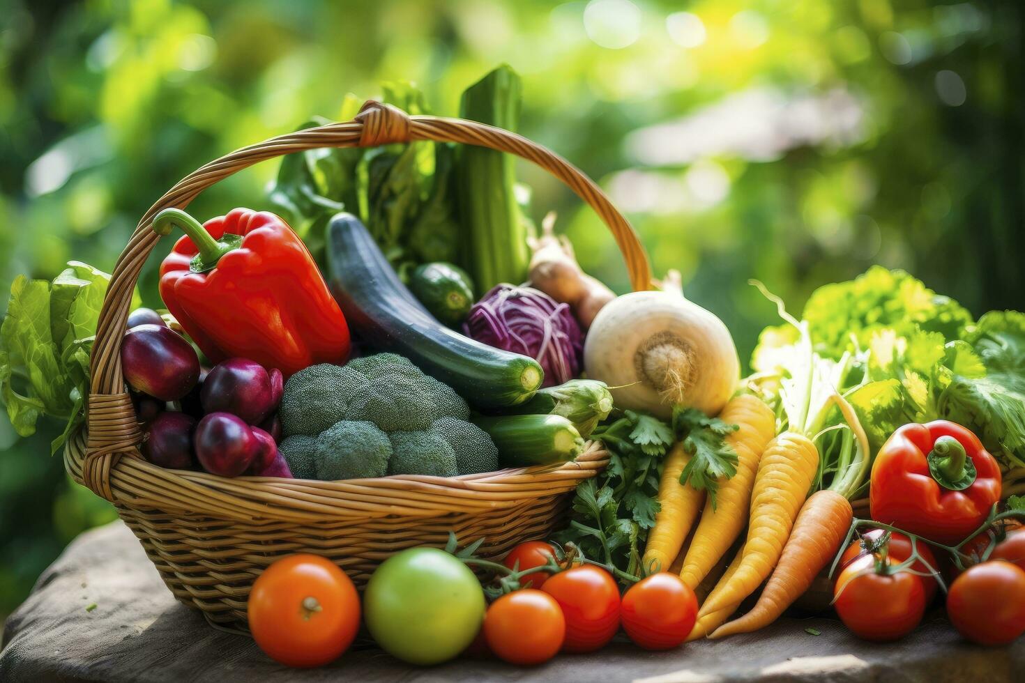 ai generado variedad de Fresco orgánico vegetales y frutas en el jardín. ai generado foto