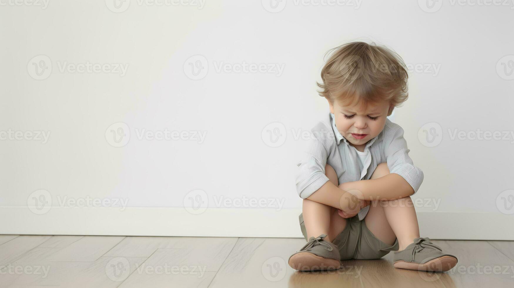 AI generated Sad little boy with mental trauma sitting on floor. photo