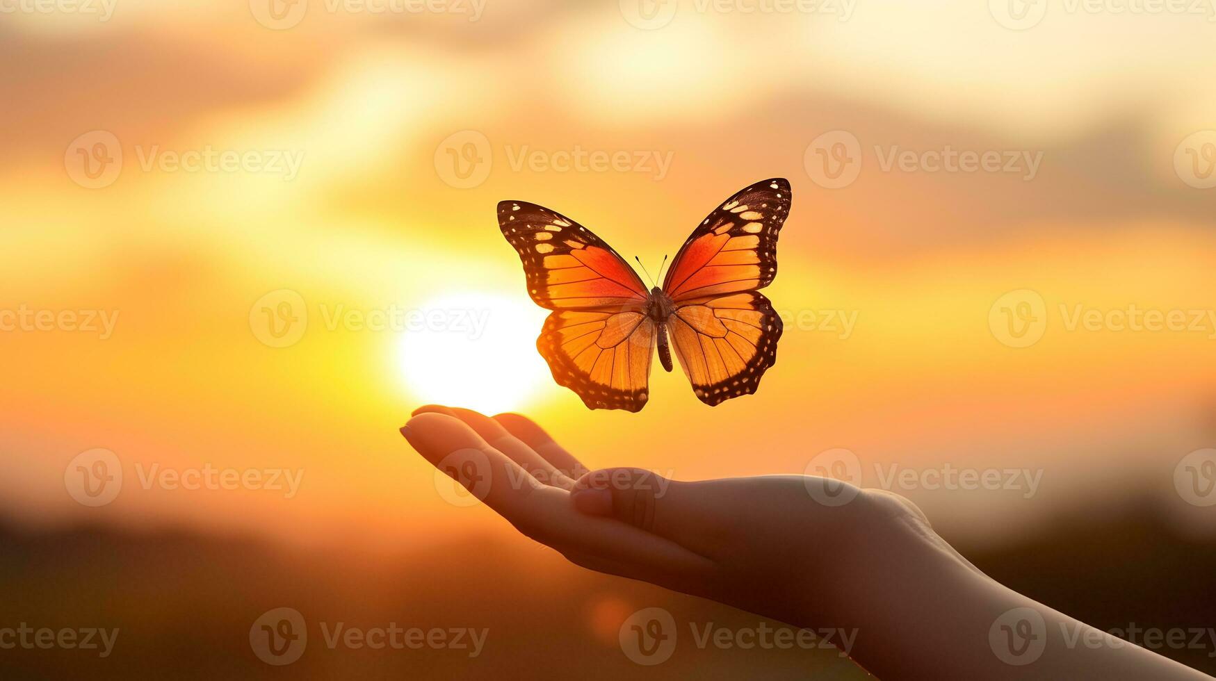 ai generado mariposa en el mano de un mujer durante puesta de sol foto