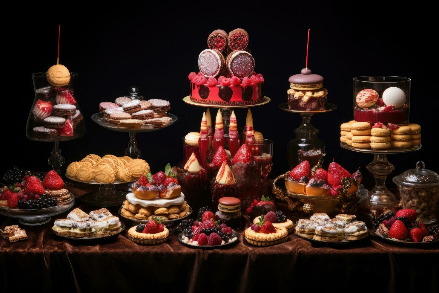 AI generated Variety of cakes on a black background. Selective focus, A display of decadent desserts made for mom, AI Generated photo