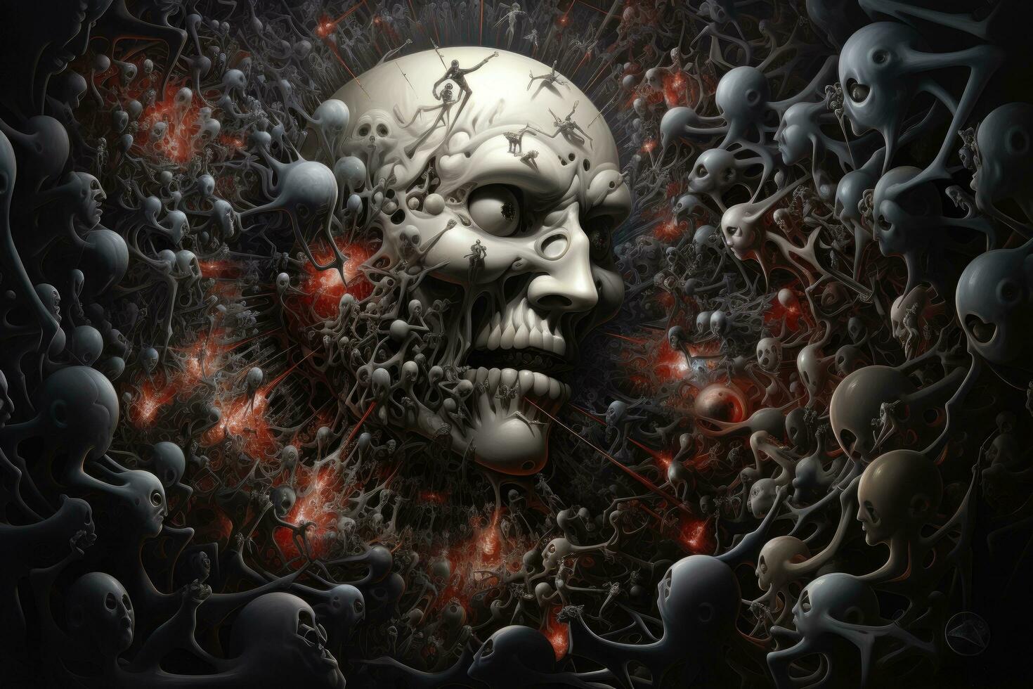 AI generated 3D illustration of a human skull surrounded by blood cells and skulls, A depiction of chaos and order merging into each other, AI Generated photo