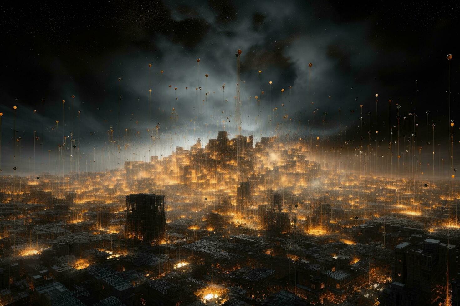 ai generado futurista ciudad a noche. digital Arte. 3d representación, un denso nube de digital partículas dispersando dentro un ciber espacio etéreo, ai generado foto