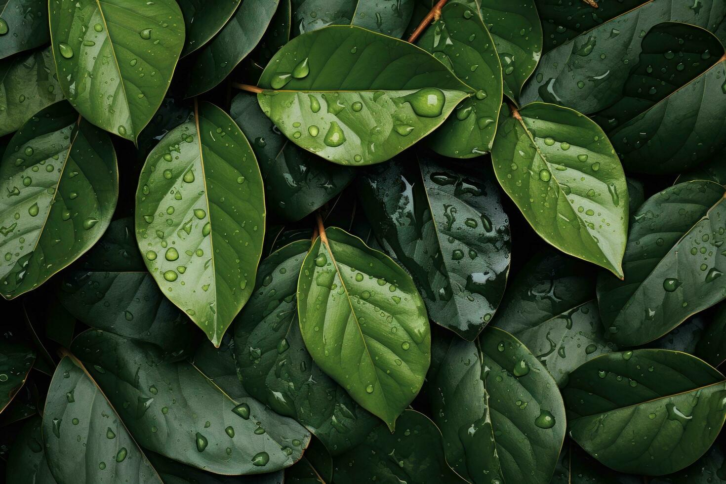 AI generated Green leaves background with water droplets, top view, copy space, A damp and slick texture of wet leaves, AI Generated photo