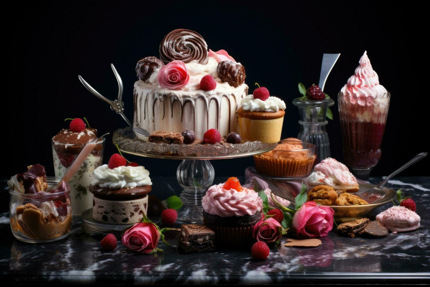 AI generated Fruit and berry desserts on a black background with reflection, A display of decadent desserts made for mom, AI Generated photo