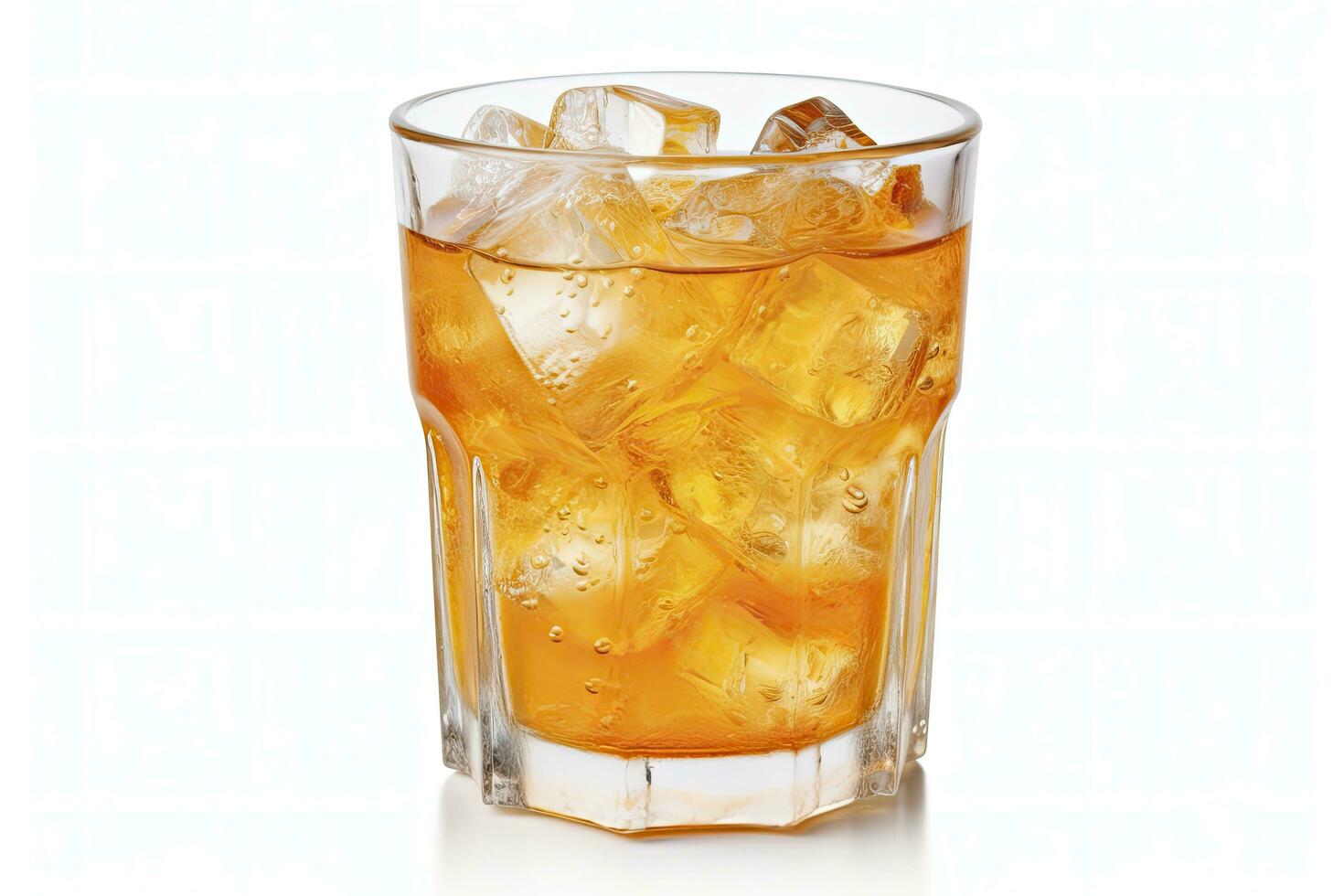 AI generated A glass of orange soda water with ice cubes on white background. AI Generated photo