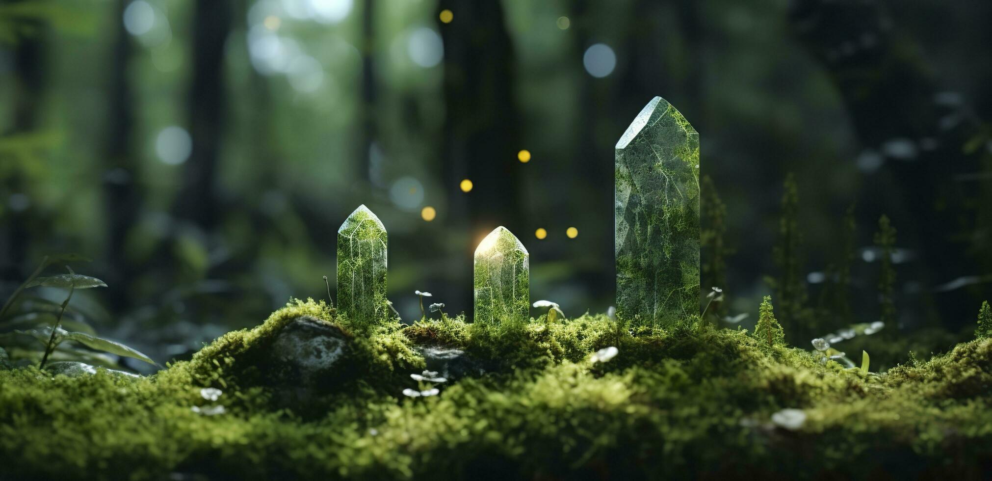 AI generated Crystals with moon phases image of moss in a mysterious forest, natural background. Generative AI photo